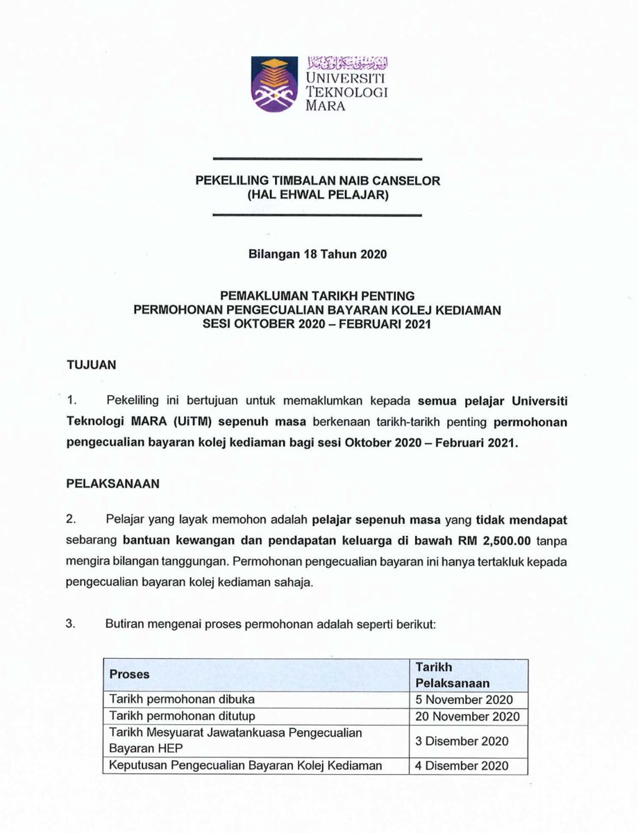 smfim_official's tweet photo. Salam #UiTMDiHatiku
Berikut merupakan Pekeliling Naib Canselor (Hal Ehwal Pelajar) Bilangan 18 Tahun 2020 mengenai tarikh penting permohonan pengecualian bayaran kolej kediaman bagi sesi Oktober 2020 hingga Februari 2021
#SMFPM
#KamiUiTM
#UiTMPuncakPerdana https://t.co/FI1xX9t6QF