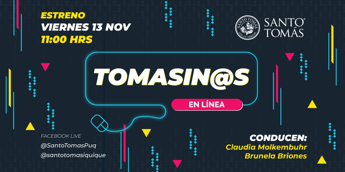 santotomaspuq's tweet photo. 🔴🟣🔵 Atención 📣Nos enorgullece invitarles al estreno de nuestro nuevo programa 🎥🎬: Tomasin@s en línea, un espacio virtual de vida estudiantil, donde compartiremos experiencias con estudiantes de las diferentes sedes el país 😉👌
#TomasinosEnLínea #PuntaArenas #Iquique #puq https://t.co/jhjKEBAHQ9