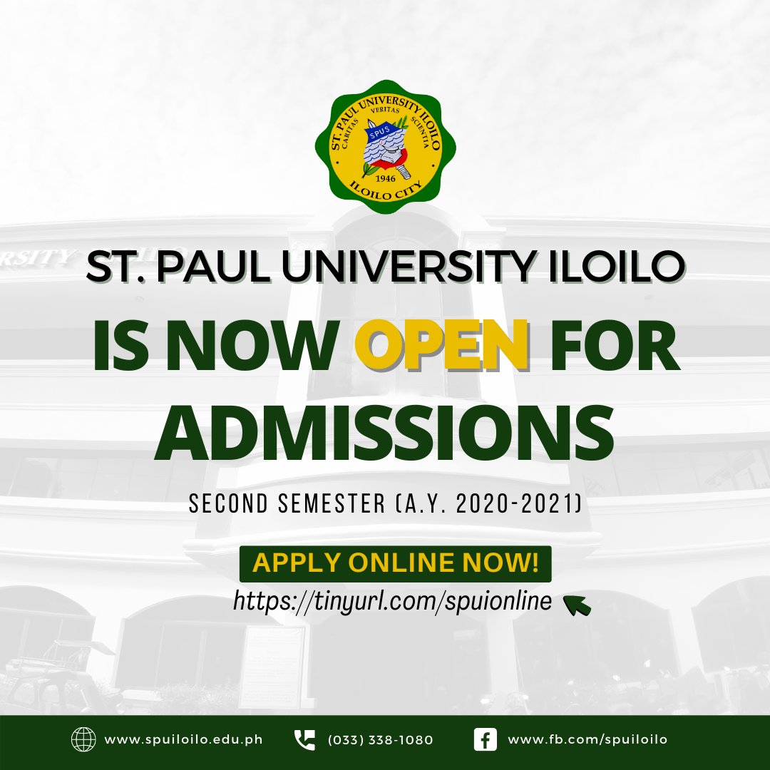 SPU_Iloilo's tweet photo. St. Paul University Iloilo is now accepting TRANSFEREES &amp; NEW STUDENTS for the Second Semester (AY 2020-2021)!
Be Part of Our Paulinian Community! 🔰 APPLY NOW! ⚜️
For online admission, please open this link: https://t.co/3lAEIKGIc1

#TatakPaulinian
#SPUIloilo
#KeepSafe https://t.co/vxTgAIYNnT