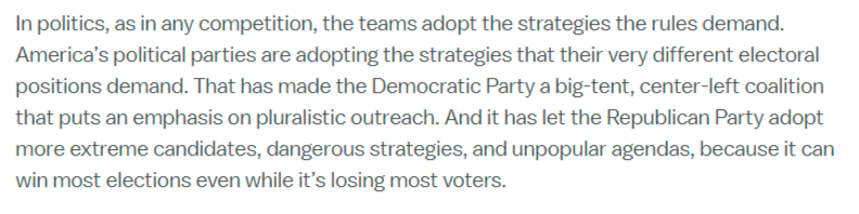 One final thing is this closing quote:The Dems are now party of big money (they have outspent GOP in most elections this century), are a smaller tent (how many prochoicers remain Dems?), and barely win even though they own most of the media. And he is still missing the point.