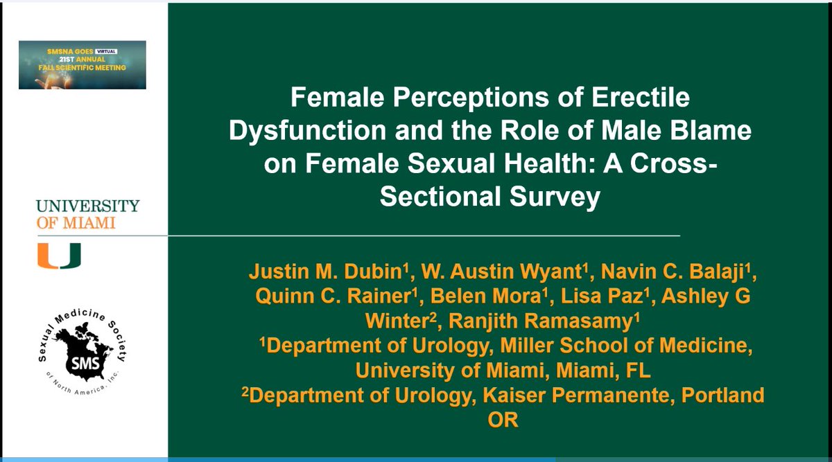 Just wrapped our #SMSNA2020Virtual talk on #female perceptions of ED! ➡️79% have had partner w ED ➡️15% have been blamed by their partner for ED ➡️Blame assoc w worse confidence, ⬆️ worry, ⬇️ sex satisfaction and were more likely to end #relationship due to #ED! #womenshealth