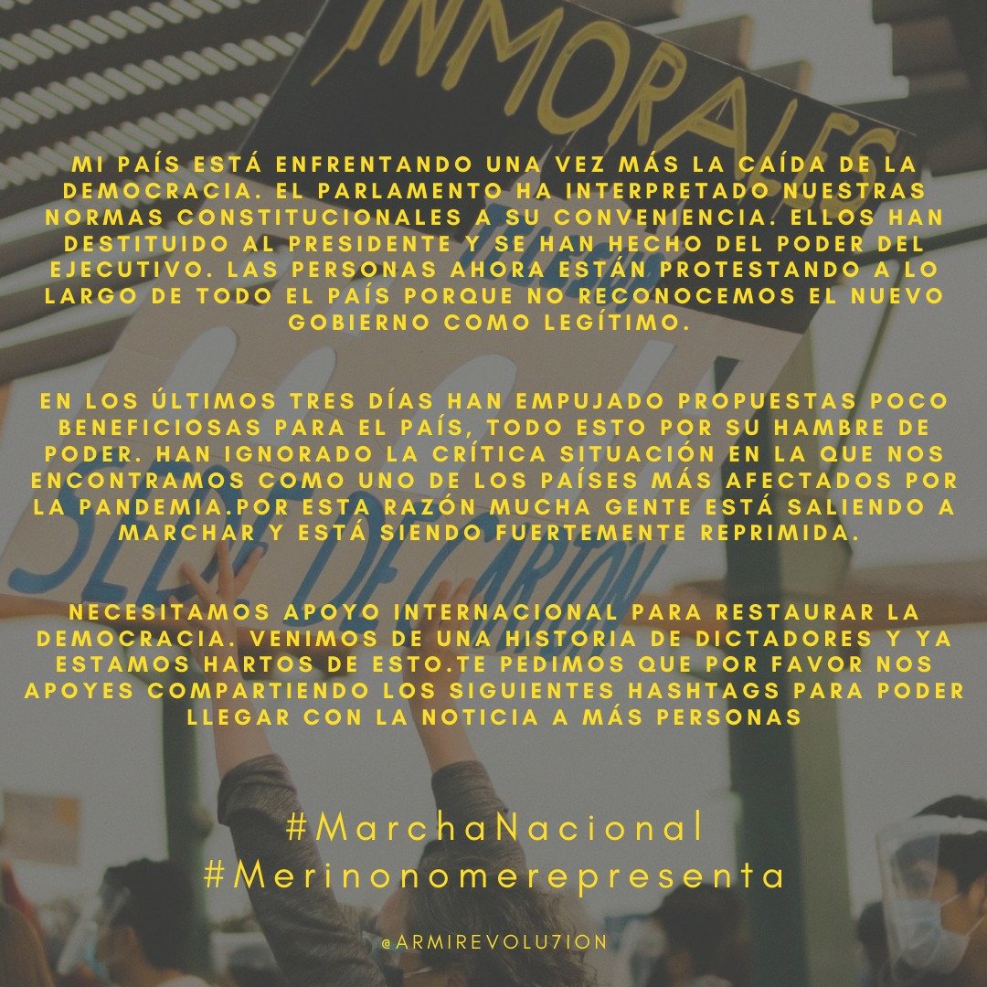 ArmyRevolu7ion's tweet photo. Hola, me gustaría contarte un poco sobre lo que está pasando en mi país 🇵🇪 y realmente agradecería si compartes esto o animas a alguien más a compartirlo, además de usar los siguientes #
#Merinonomerepresenta  #MerinoNoNosRepresentas  #MarchaNacional  #TomaLaCalle 
Gracias 💜💪🏻 https://t.co/5kCFl4wB77