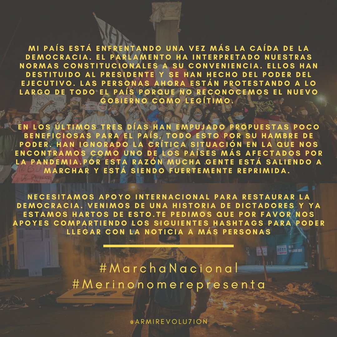 ArmyRevolu7ion's tweet photo. Hola, me gustaría contarte un poco sobre lo que está pasando en mi país 🇵🇪 y realmente agradecería si compartes esto o animas a alguien más a compartirlo, además de usar los siguientes #
#Merinonomerepresenta  #MerinoNoNosRepresentas  #MarchaNacional  #TomaLaCalle 
Gracias 💜💪🏻 https://t.co/5kCFl4wB77