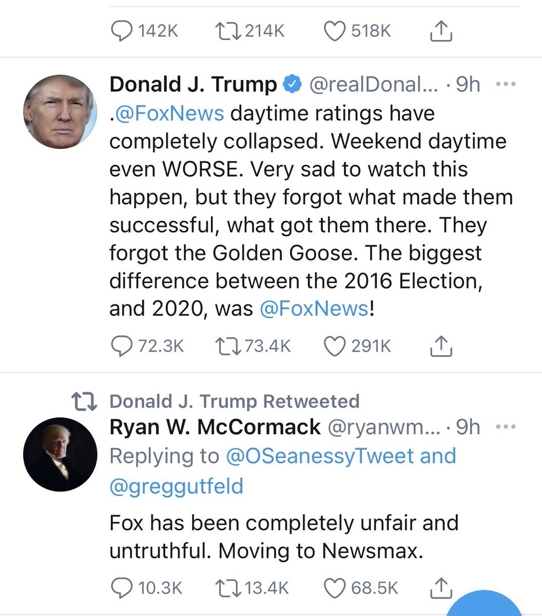 erinnessence's tweet photo. Apparently @FoxNews is no longer trustworthy in #trumps eyes lol. At least #fox sometimes reported semi-accurately on topics when they pulled away from trumps ass to talk. These other stations are such conspiracy machines it’s scary. He hates not being liked. #BidenHarris2020 https://t.co/c7otpa8Vfq
