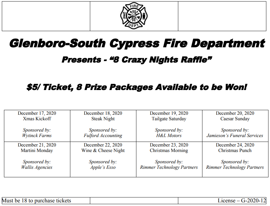 GlenboroFire's tweet photo. 🚨NEW RAFFLE 🚨 GSCFD  is happy to present the, "8 Crazy Nights" Raffle! Tickets are just $5 each available at Apple's Esso, H&amp;L Motors, and Wallis Agencies.  Or for contactless purchase - send us a message with your name and number then etransfer to eric@fulfordaccounting.com https://t.co/e9Zwmtu462