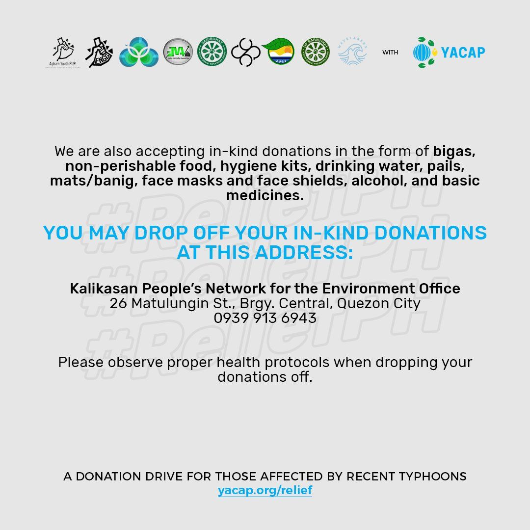 YACAPhilippines's tweet photo. If you can, please donate to help the most affected! We accept in cash or in kind donations.

👇 Details below and at https://t.co/hDWP7lUewd 👇

#ReliefPH #UlyssesPH #ClimateJusticeNow https://t.co/ybjp8aZumI