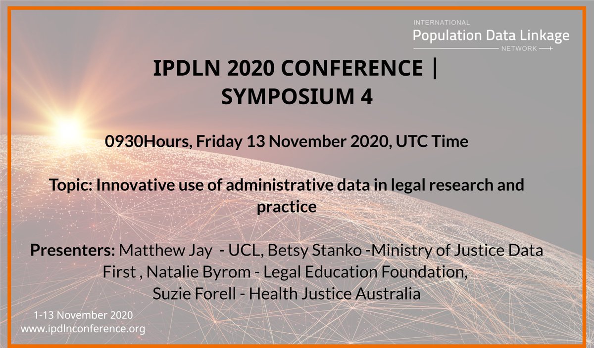 IPDLN's tweet photo. Later today! IPDLN 2020 Conference Symposium 4 | Innovative use of administrative data in legal research and practice
0930 Hours, Friday 13 November 2020 UTC Time
@MattJayLats @NatalieByrom, Suzie Forell @BetsyTwicks
#legalepidemiology #admindata #ipdln2020 https://t.co/offXaxzfBO