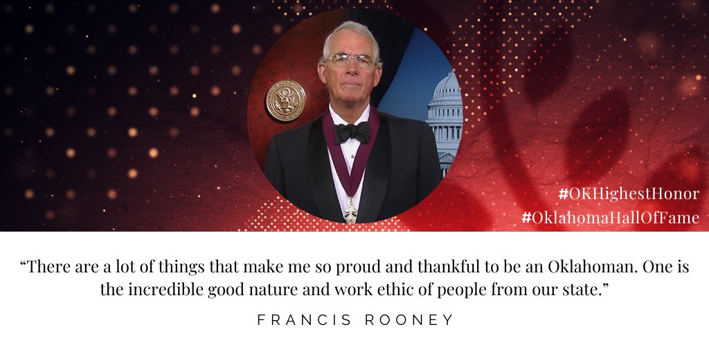 OklahomaHoF's tweet photo. Ladies and gentlemen, please join us in honoring and celebrating the newest Member of the Oklahoma Hall of Fame, Francis Rooney!
#OKHighestHonor #OklahomaHallofFame https://t.co/z68UyTUpxt