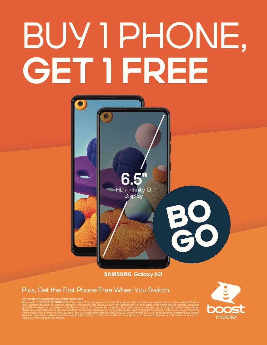 Boost Mobile Family Plan – Buy One Get One (BOGO) Promotion on Samsung Galaxy A21 - That's a $149.99 value phone for FREE with Port-In, and another line FREE as well!!! #TheNorth #boostmobile #freephone #offers #BOGO #PROMOTION