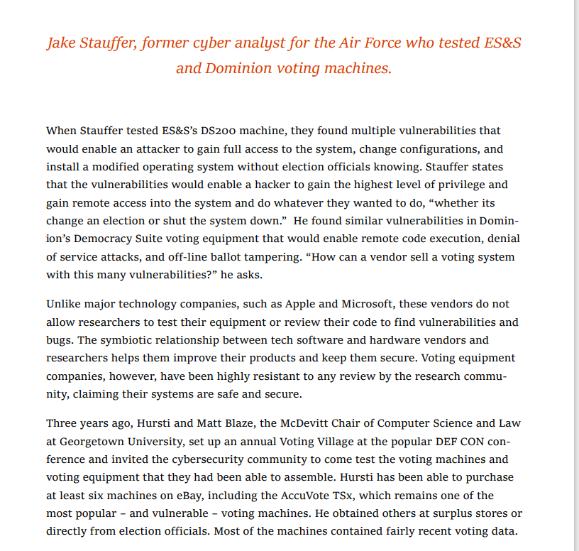 Stauffer says this would give a hacker the highest level of privilege and remote access into the system to do whatever they liked.He found similar vulnerabilities in Dominions voting equipment that would enable remote code execution, DOS attacks, and off-line ballot tampering.