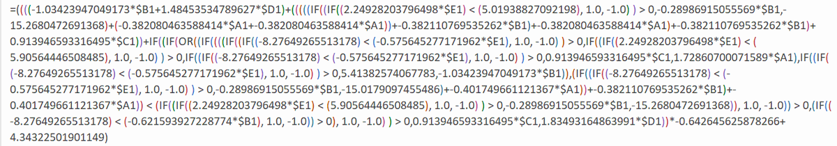 MatterOfStats's tweet image. So, if

Own_MoSHBODS_Rating_Off = A
Own_MoSHBODS_Rating_Def = B
Opponent_MoSHBODS_Rating_Off = C
Opponent_MoSHBODS_Rating_Def = D
VPV_Own = E

the following simple equation has an MAE of 29.04 for 2000 to 2020.

I really should&apos;ve spotted it earlier.

#SymbolicRegression