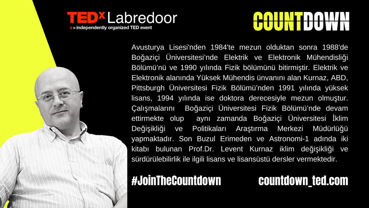 TEDxLabredoor (@tedxlabredoor) on Twitter photo Prof. Dr <a href="/leventkurnaz/">Levent Kurnaz</a> ve <a href="/GulinYucel/">Gulin Yucel</a> 15 Kasım Pazar günü TedxLabredoor'da bizlerle olacak. 
Etkinliğimize katılmak için profilimizi ziyaret edebilirsiniz.
<a href="/iklimBU/">iklimBU</a> <a href="/brika_sustain/">Brika Sürdürülebilirlik</a> #jointhecountdown #tedcountdown #tedxlabredoor #climatechange #climate #changeclimatechange Prof. Dr <a href="/leventkurnaz/">Levent Kurnaz</a> ve <a href="/GulinYucel/">Gulin Yucel</a> 15 Kasım Pazar günü TedxLabredoor'da bizlerle olacak. 
Etkinliğimize katılmak için profilimizi ziyaret edebilirsiniz.
<a href="/iklimBU/">iklimBU</a> <a href="/brika_sustain/">Brika Sürdürülebilirlik</a> #jointhecountdown #tedcountdown #tedxlabredoor #climatechange #climate #changeclimatechange