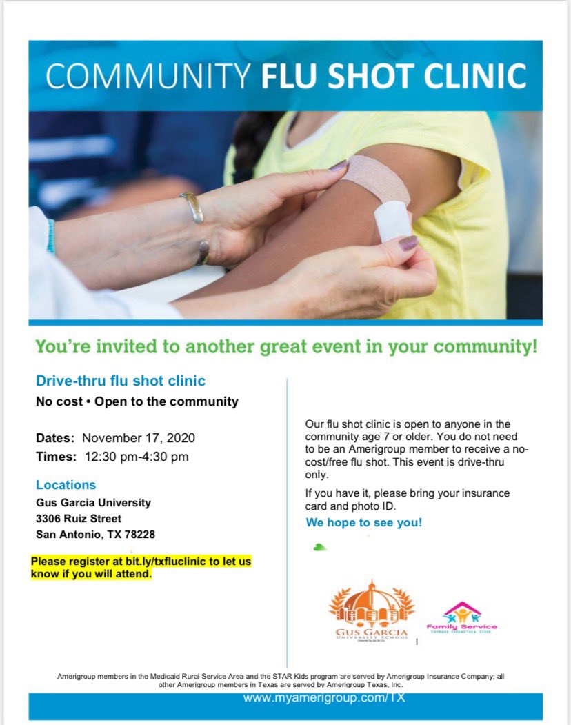 ATTENTION <a href="/GusUniversity/">Gus Garcia University School</a> families and community members we will be hosting a free flu shot event on Tuesday, Nov. 17- 12:30 pm to 4:30 pm, Please register at bit.ly/txfluclinic to let us know if you will attend. <a href="/EISDofSA/">Edgewood ISD</a> <a href="/Christopher40_/">Dr. Christopher E. Bland</a>