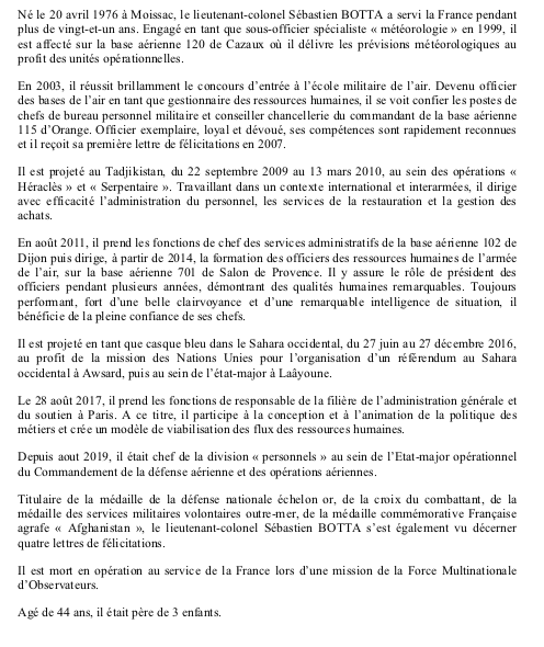 Armee_de_lair's tweet photo. « Au nom des Aviatrices et des Aviateurs, je présente mes sincères condoléances à la famille et aux proches du lieutenant-colonel Sébastien Botta, mort en opérations au service de la France. Unis pour Faire Face. »
- Général Philippe Lavigne, CEMAAE https://t.co/G93ZbDdsNM
