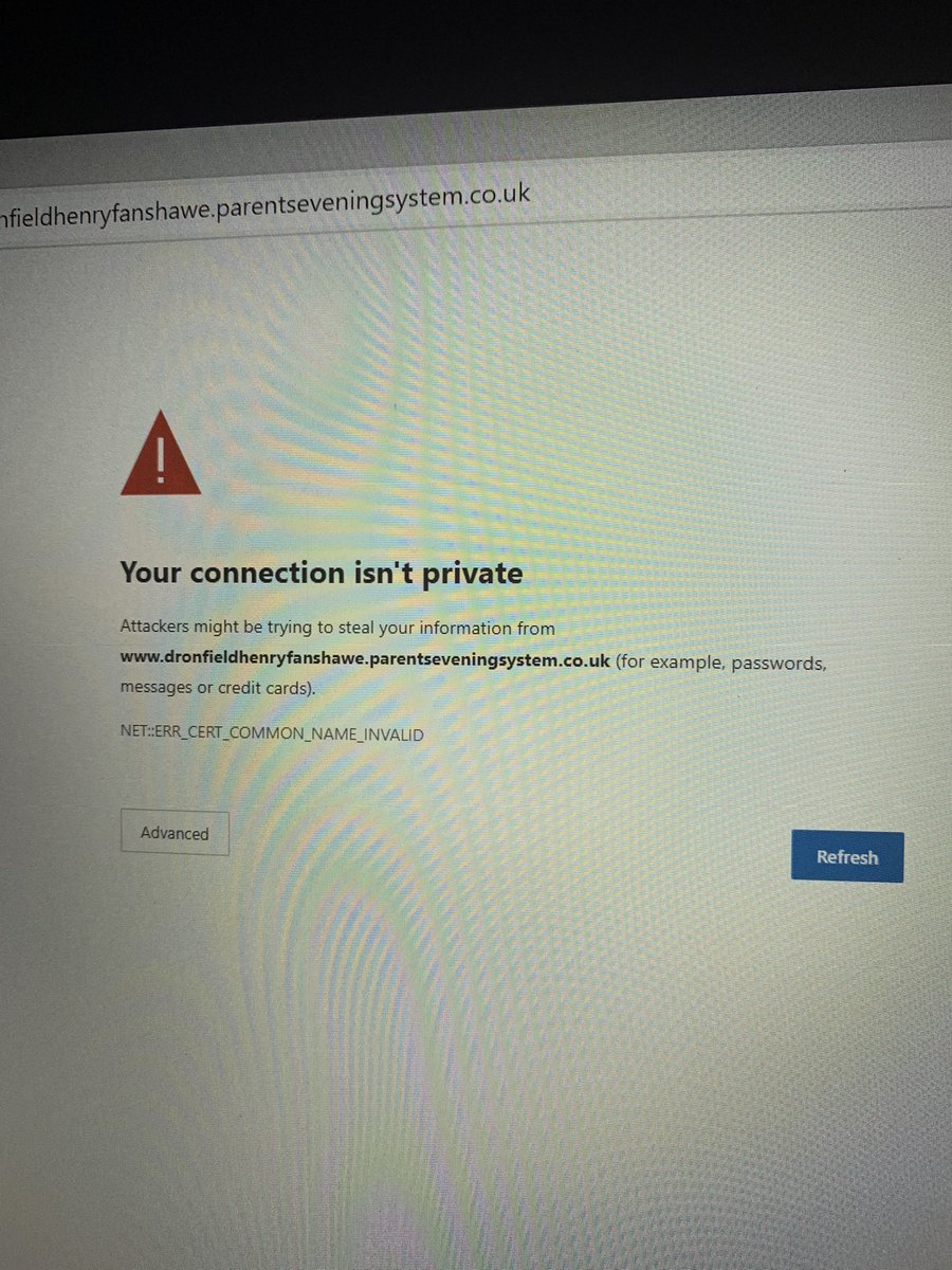 hadfiec's tweet photo. @DHFSUpdate can’t access the Y9 Parent evening portal via the link sent. Are there tech issues? Error message says’  connection not private ‘. Tried via laptop and phone. Is this a known issue? https://t.co/puIzWpMUha