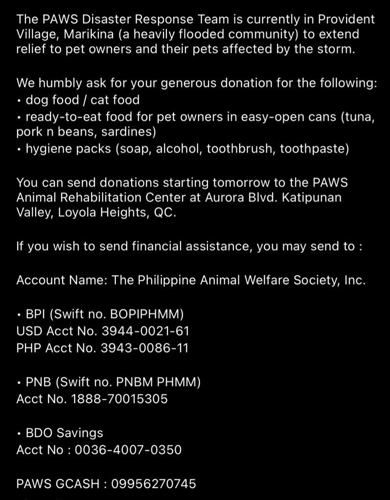 Donated ₱500 to  @PAWSPhilippines, whose disaster response team has been rescuing animals and providing assistance to pet owners in Marikina. Match me.
