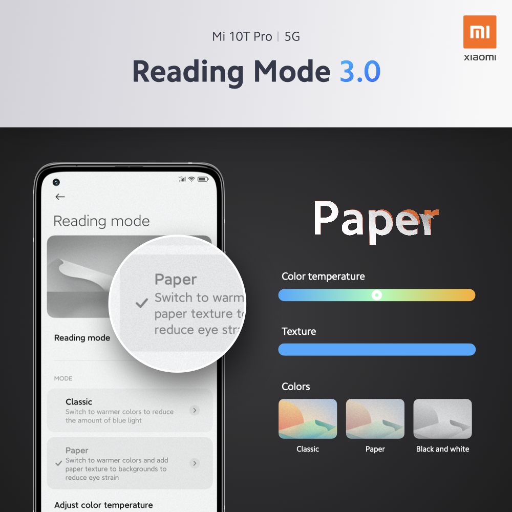 Xiaomi's tweet image. #Mi10TPro comes with reading mode 3.0 that will make you love reading again. 🤓 You can adjust the color temperature to suit your eyes, or even add paper-like texture to backgrounds that feel like you're reading a physical book! #PowerYourCreativity