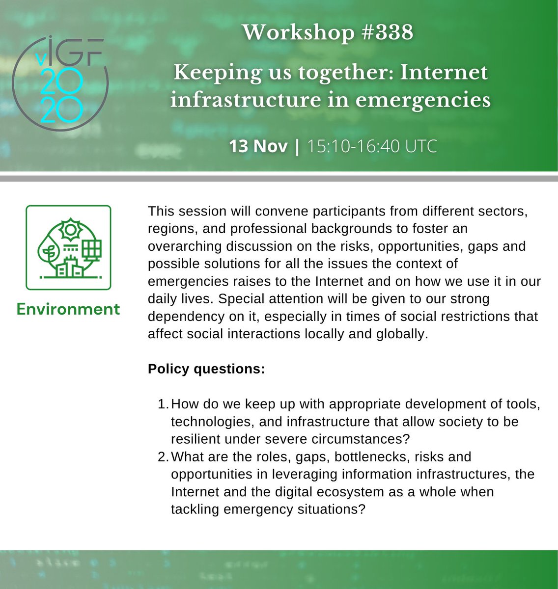 igf_environment's tweet photo. Starting at 15:10 UTC, in the #IGF2020 #environment track: WS #338, Keeping us together: Internet infrastructure in emergencies

Session details: https://t.co/GSZxkog2E5

YouTube livestream of this session available from 
https://t.co/diKP1SithI https://t.co/JZ2cM8XWJW