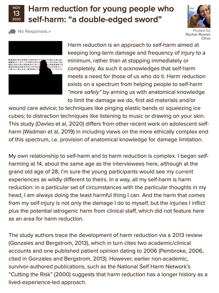 Today @RRowanOlive thinks through a recent qualitative study about young peoples’ perspectives on the role of harm reduction techniques in the management of their self-harm.
elfi.sh/3ngLovc