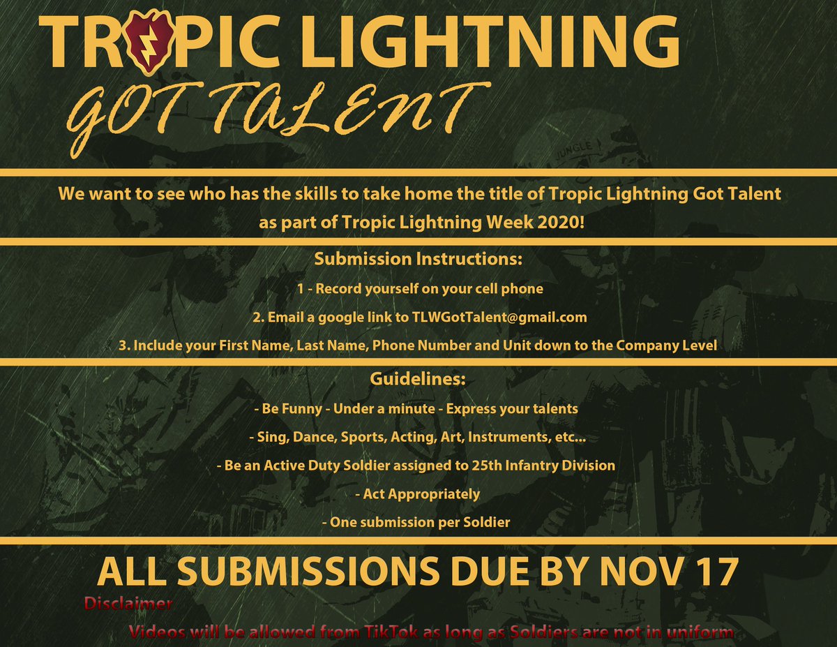 Guess what next week is!

#TropicLightning Week!

As we approach #TLW20, here are some key dates and times for the fun-filled week!

#AmericasPacificDivision #StrikeHard