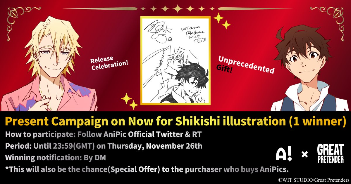 AniPic_Global's tweet photo. 【#GrePre's AniPic Release Celebration!】
Present Campaign on Now for #GREATPRETENDER Shikishi Illustration Signed by #GrePre's Creators!!

\There are only 5 of these in the world🌍/
◆Follow @AniPic_Global and Retweet the posts
That's all! https://t.co/lwGo3eBTdg