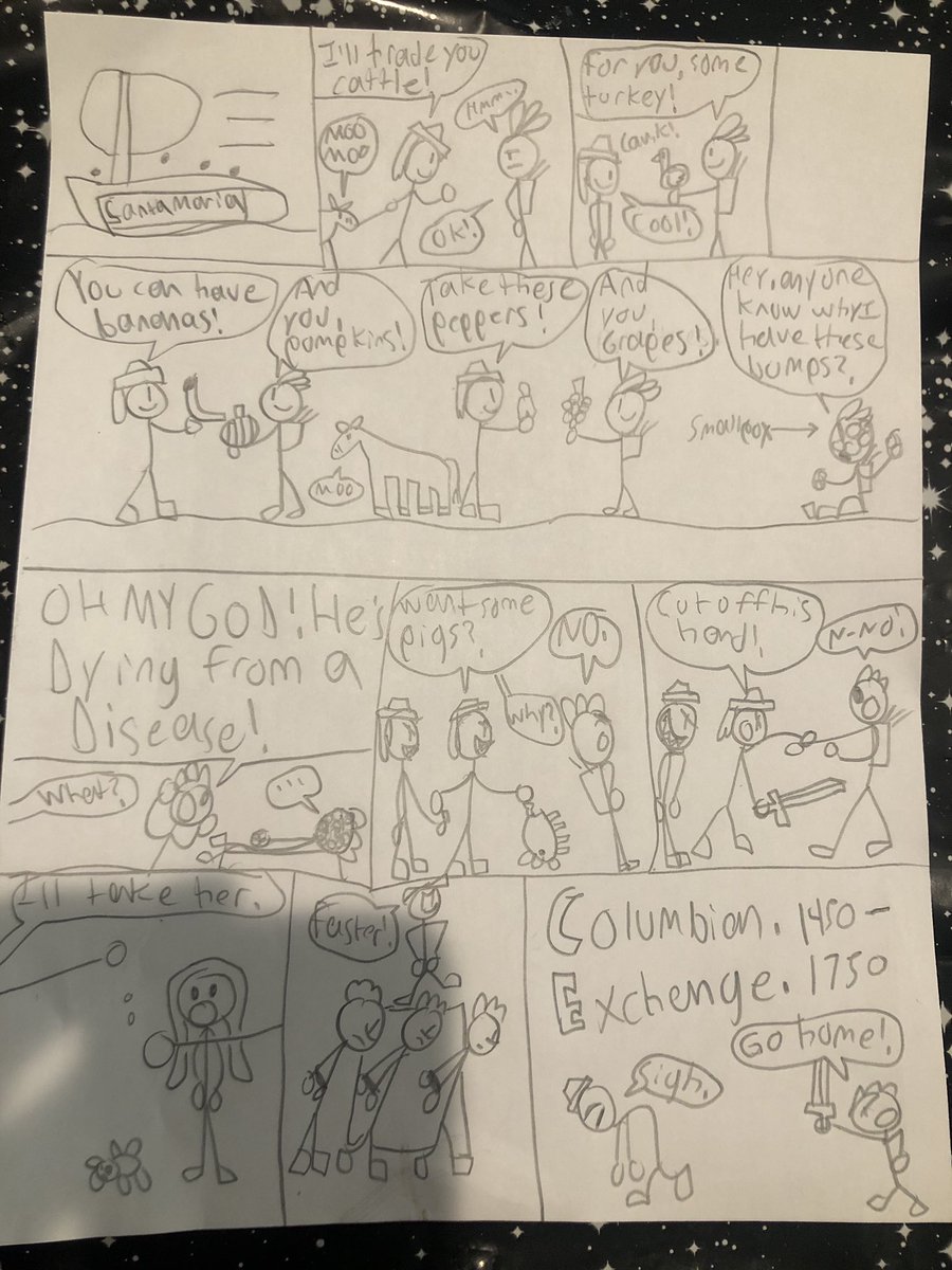 SSECTSUNGEMS's tweet photo. It seems my son’s teacher did a good job teaching him about “The Columbian Exchange” as this was his interpretation of it after their lesson! #greatworkson👏🏽#TeamSISD🤩 https://t.co/I35FOKFMMf