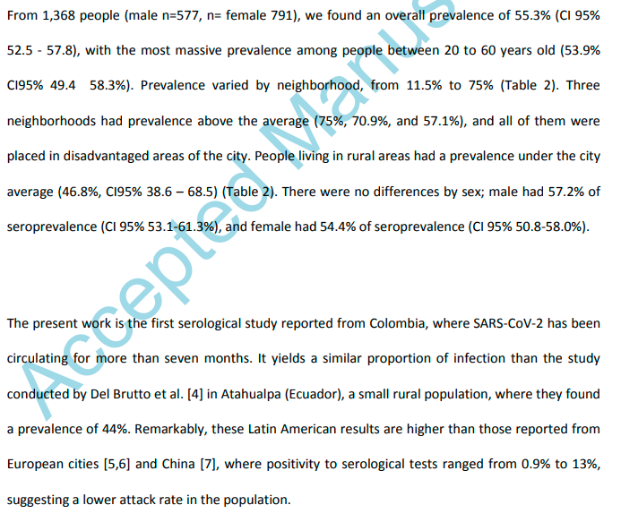 Re: "This thread will go over further examples of higher infection rates in smaller populations, supporting the argument below on how the herd immunity threshold (HIT) is relatively high"Monteria, Colombia:55% https://academic.oup.com/ofid/advance-article/doi/10.1093/ofid/ofaa550/5977863