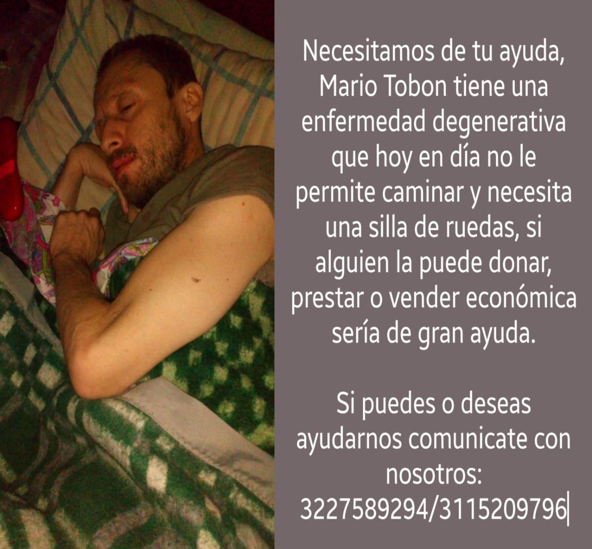 _Oskar_SoyYo's tweet photo. 🔴SERVICIO SOCIAL🔴
Él es Mario, necesita una silla de ruedas, ya sea prestada, donada o vendida a un bajo costo, su situación es difícil, ¿Saben de alguien que pueda ayudarle? Quedo atento, vive en el centro de Bogotá y una enfermedad no lo deja caminar.
Cualquier RT es ayuda. https://t.co/w8fthkBGWr
