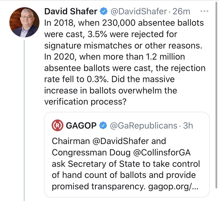    If the mail-in ballot rejection rate in GA were the same as 2018, then 42,000 ballots would have been rejected.Those rejections would have erased Biden’s current GA lead (if the rejected ballots were proportionate to the share of mail-ins that Biden got.)