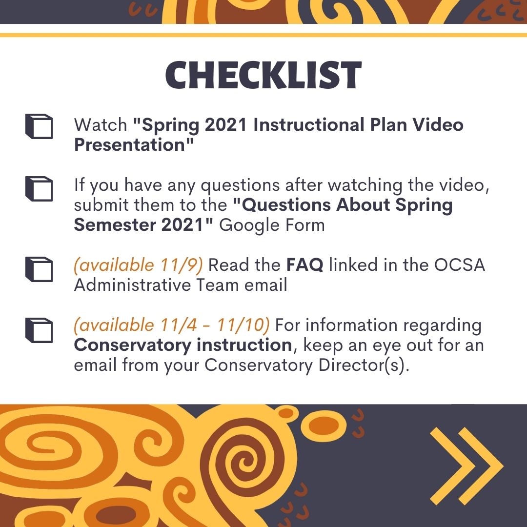 OfficialOCSATA's tweet photo. OCSA Parents &amp; Students - Here’s a handy checklist to walk you through what you need to do leading up to the Spring 2021 Semester! Just a friendly reminder that your academy choice is due by tomorrow! https://t.co/6E3lRPZ9SA
