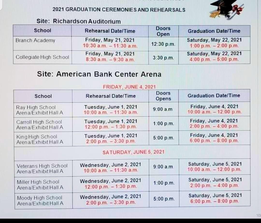 VMHSEagles's tweet photo. 2021 CCISD Graduation Schedule #EaglesGrads 🦅🦅🦅 https://t.co/NpodFgOkwD