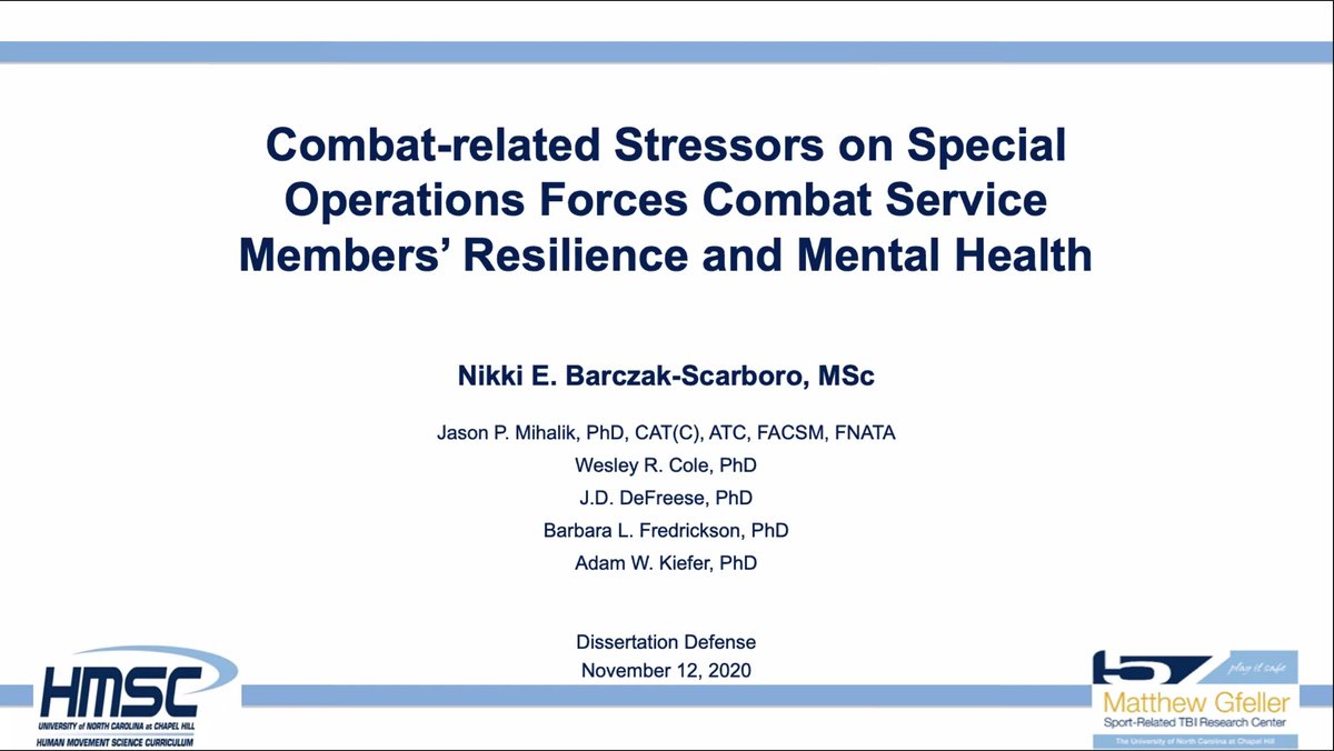 GfellerCenter's tweet photo. Another virtual #defense for the books!

Congrats to Dr. Nikki E. Barczak-Scarboro👩🏼‍🔬 for successfully defending her #dissertation titled Combat-related stressors on special operation forces combat service members' #resilience &amp; #mentalhealth.

#WomenInScience #MilitaryResearch https://t.co/6gyqaVsG8u