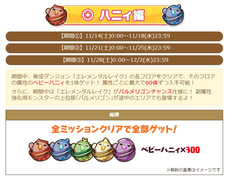 師範代 サモンズボード公式広報 On Twitter 14 土 0時から始まるエレメンタルレイクはミッション付き 各フロアを1回クリアするごとにベビーハニィさん 1ゲット 20回まで 3週にわたって開催 経験値も多め 副属性も集まる 熟練pのハニィさんも手に入る