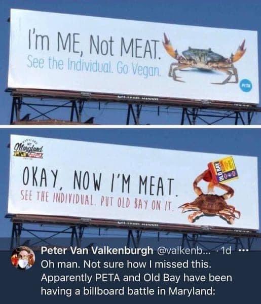 craigkutch's tweet photo. Apparently PETA and Old Bay have been having a billboard battle in Maryland @dfaber84 https://t.co/g9EFaerMZT