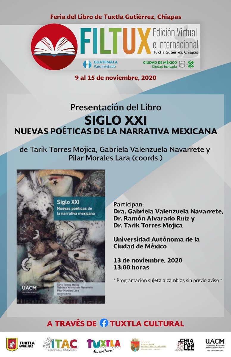 librosuacm's tweet photo. ✍️ ¿En qué medida la tradición literaria mexicana se ha modificado en los últimos años?
📗 "Siglo XXI. Nuevas poéticas de la narrativa mexicana" presentan @GabyValenzuelaN, Tarik Torres y Ramón Alvarado
#UACM en #FULTUX2020
📅 13 nov. ⏰ 13:00 h.
➡️➡️https://t.co/tLeGHhm5cK https://t.co/qVMRjkOPXI