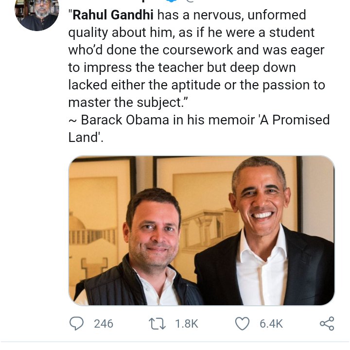 shady_indian's tweet photo. How dare liberal democrat former POTUS Obama speak the truth about Congress crown prince janaab Rahul Gandhi. How dare he say Rahul is incompetent, weak, nervous and inept. He should leave every other important work he has and coddle our pappu too.  #माफ़ी_माँग_ओबामा https://t.co/FuBmxRspVK