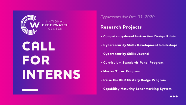 3CS3CS's tweet photo. Research-based Internship w/ @CyberWatchCtr
⬇️ Apply by Dec. 31, 2020 ⬇️
https://t.co/YVGXAz7Gyw

#cybersecurity #students #research #dataanalyzing #draftreports #projectmanaging #cyberworkforce https://t.co/gj7yuWyxM9