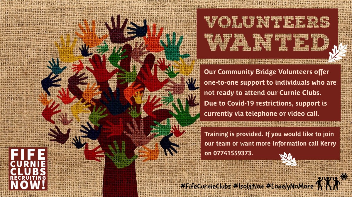 FifeCurnie's tweet photo. We ❤️ Volunteers! If you have a couple of hours to spare each week and would like to join our team call Kerry on 07741559373.
#fife #volunteering #socialisolation #loneliness #charity #nonprofit #communitybridge #giveback #makeadifference #support #socialgood #helpingothers https://t.co/tZJivUtaiB