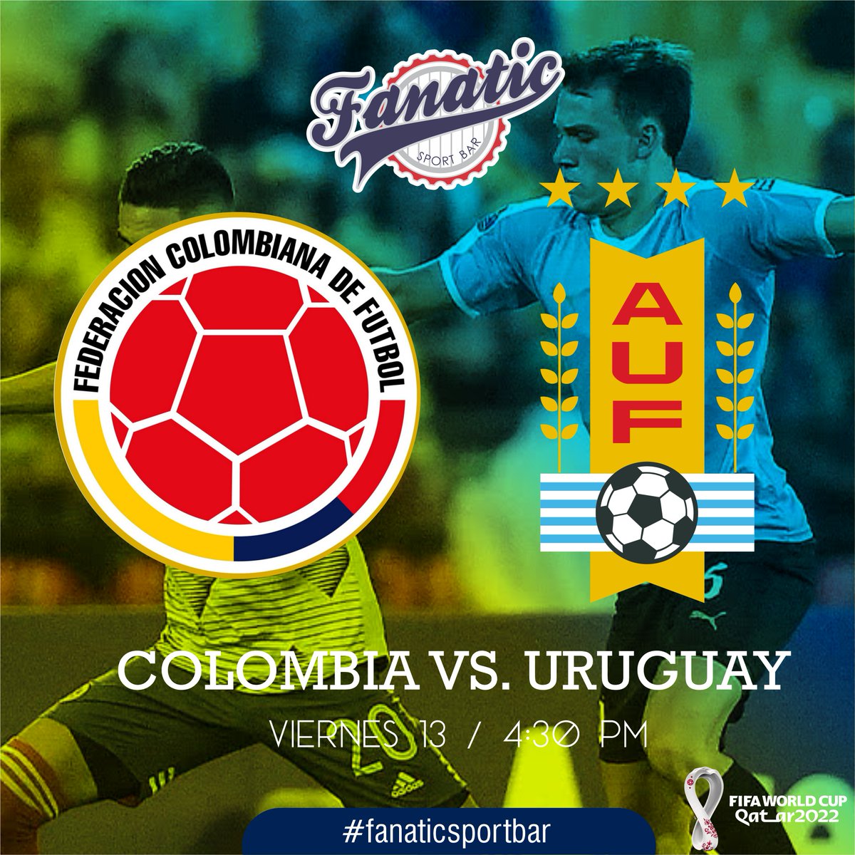 JUEVES 13 / 4:30 PM
COLOMBIA VS. URUGUAY
Eliminatorias Sudamericanas
Mundial 2022 / Qatar
Te esperamos!
#Acarigua #araure #fanaticsportbarl #Portuguesa #futbol #EliminatoriasSudamericanas #Qatar2022