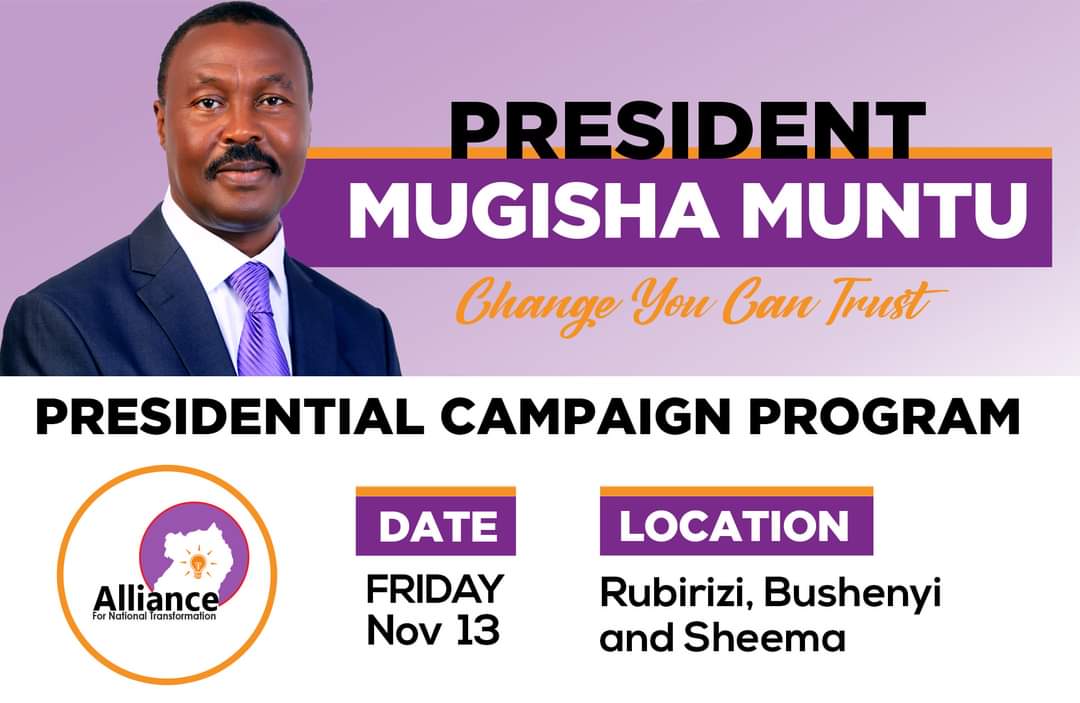 Today our Presidential Candidate, Gen Mugisha Muntu will be in #Rubirizi, #Bushenyi and #Sheema.

#ChangeYouCanTrust 
#Muntu4UG