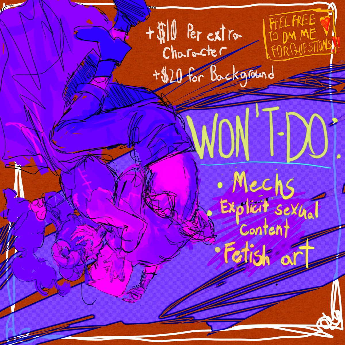 Stearnling's tweet photo. 💜👺! Commisions Open !👺💜

Yo! I’m Arianna, i’m a hyper-color illustrator who likes drawing people in love and I’m looking to go into Editorial illustration ! 
👺https://t.co/TOOtG1euWG💥

Feel free to DM me for any questions ! : ) https://t.co/3PQXr7N2QH