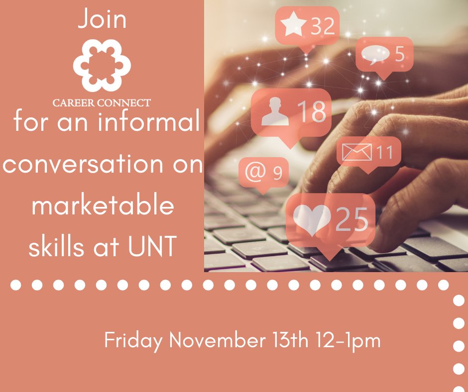 UNTConnect's tweet photo. Come chat with Connect about #marketableskills and how UNT students are developing them while in college! Join by 12:15pm. Register at https://t.co/nvsYbCgIIF  #UNT #ConnectCredentials #microcredentials #LER https://t.co/KPj8x2kyJQ