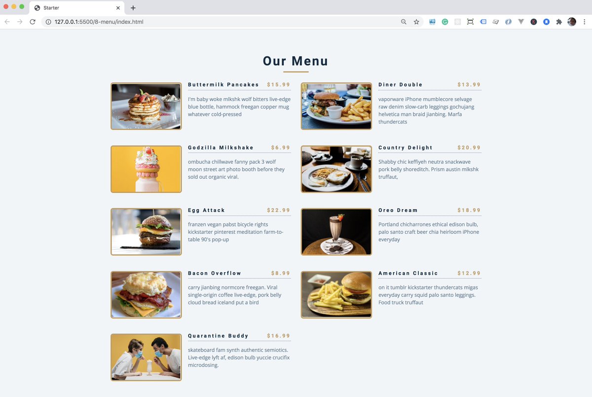 TheBaylisCode's tweet image. Day 6 of 365 3rd edition
Late-night JS cardio :) In this one, we build a menu with a filter. Working on the filter now. Have a good night.
#codingphase #365codingphasechallenge #thecodingway #100daysofcode #javascript #React