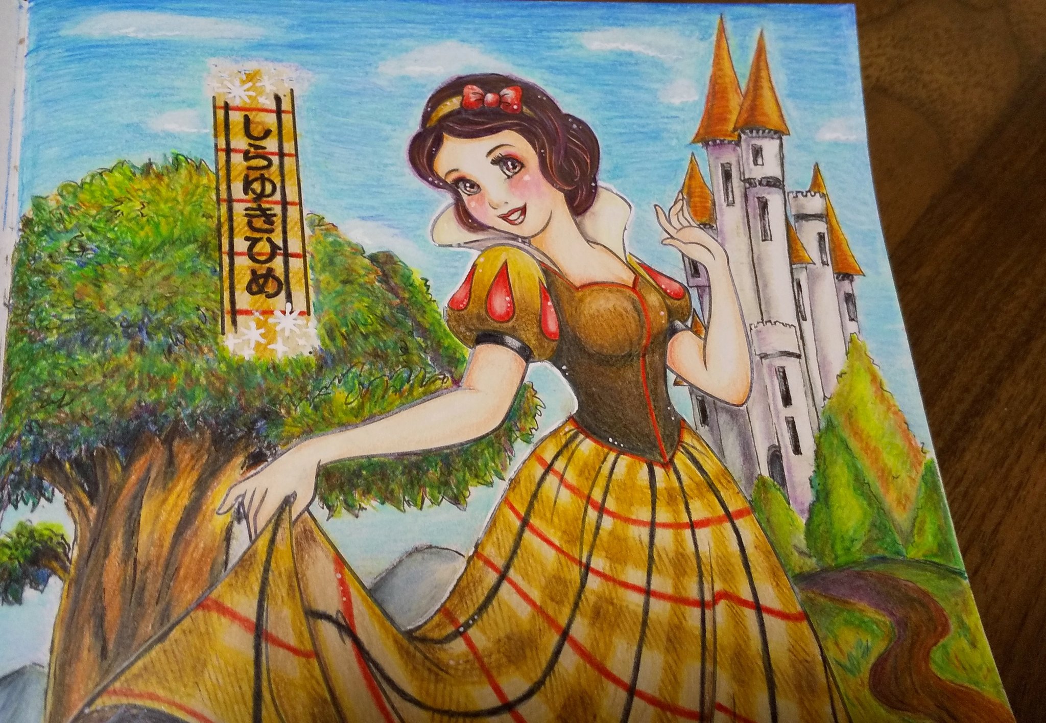 十彩 といろ ２歳の娘と一緒にぬりえ 100均のディズニーぬりえにお城 や木を描き足して塗ってみました 白雪姫のドレスもバーバリーチックな柄に 背景描いてて楽しかった 大人のぬりえ 大人のぬりえ初心者 ぬりえ 100均ぬりえ