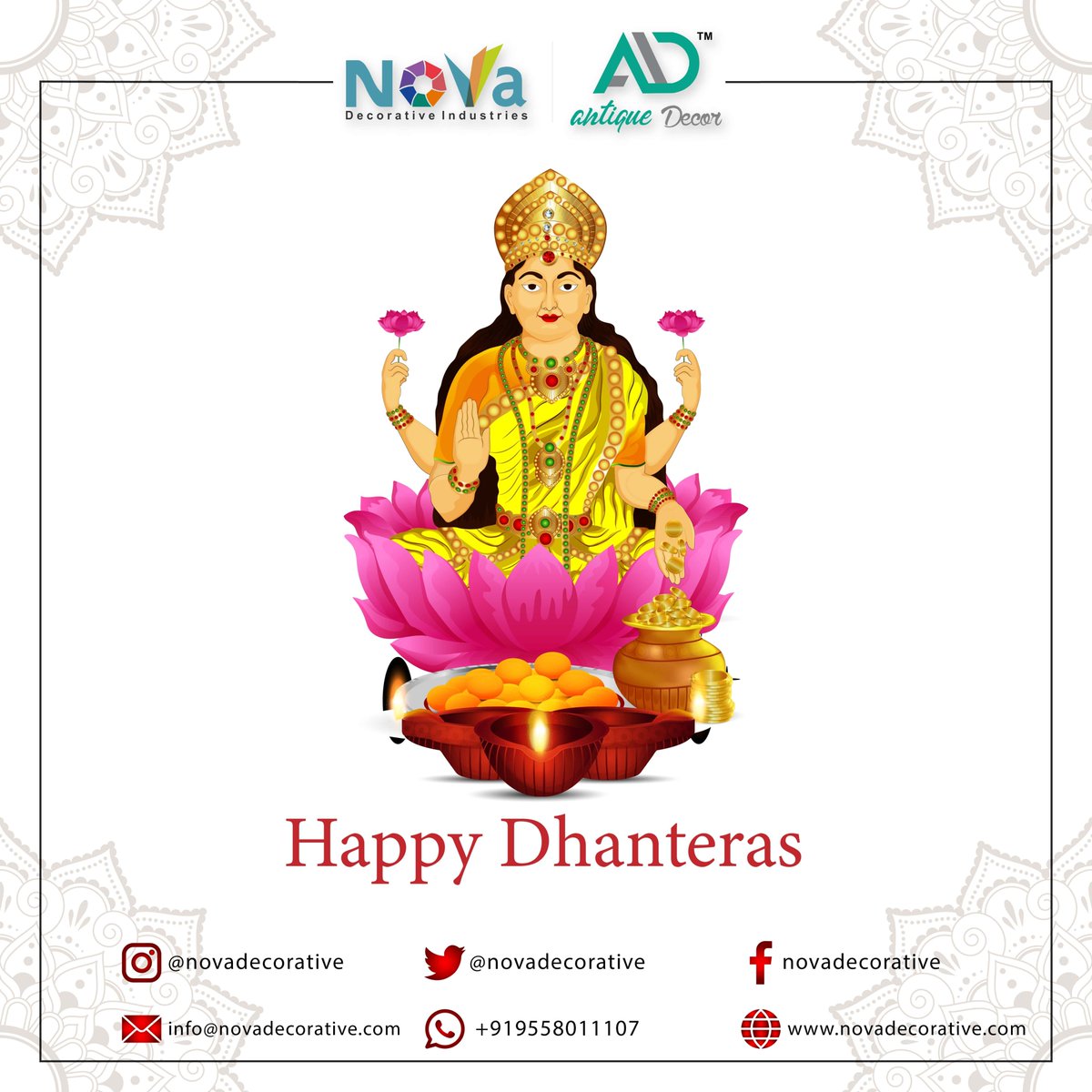 NovaDecorative's tweet photo. On Dhanteras Festival, May Divine blessings of Goddess Lakshmi, Bestow on you bountiful fortune. Happy Dhanteras Wishes.
#novadecorative #antiquedecor #HappyDhanteras #festival  #laxmi https://t.co/xB5ZsnZmMR