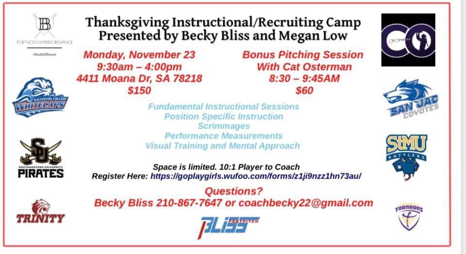 ‼️Attention 7th-12th graders‼️  Instructional/Recruiting camp opportunity in San Antonio the Monday of Thanksgiving Break!

Current college coaches, past college coaches, Olympian, former NPF Players, innovators...this group has it all! Spots are going fast! Secure yours today!