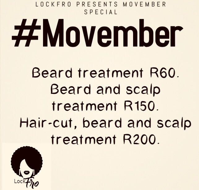 lockfro's tweet photo. #PutSouthAfricaFirst #SupportLocalBusinesses 
Don’t deny yourself a healthy scalp, popping beard and a nice groomed look 

Do the right thing ,book your appointment today 
#noshavenovember #Movember #malegrooming #malegroomingproducts #lockfro https://t.co/niYs9b3VIx