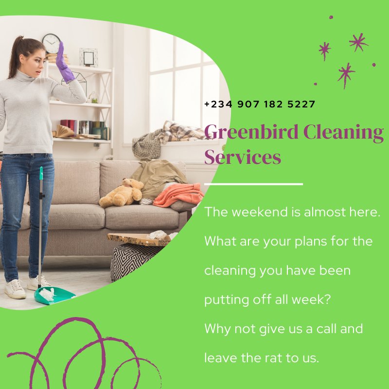 GBcleaning_ng's tweet photo. Let the fear of cleaning alarm you, but don't let it conquer you.
Contact us @GBcleaning_ng  or 09071825227 to help you conquer your cleaning challenges you have been putting off all week.
#WeCleanYouMakeMoney
#GBcleaning
#Greenclean
#PHcleaner
#TGIF https://t.co/3n92DLjQK1