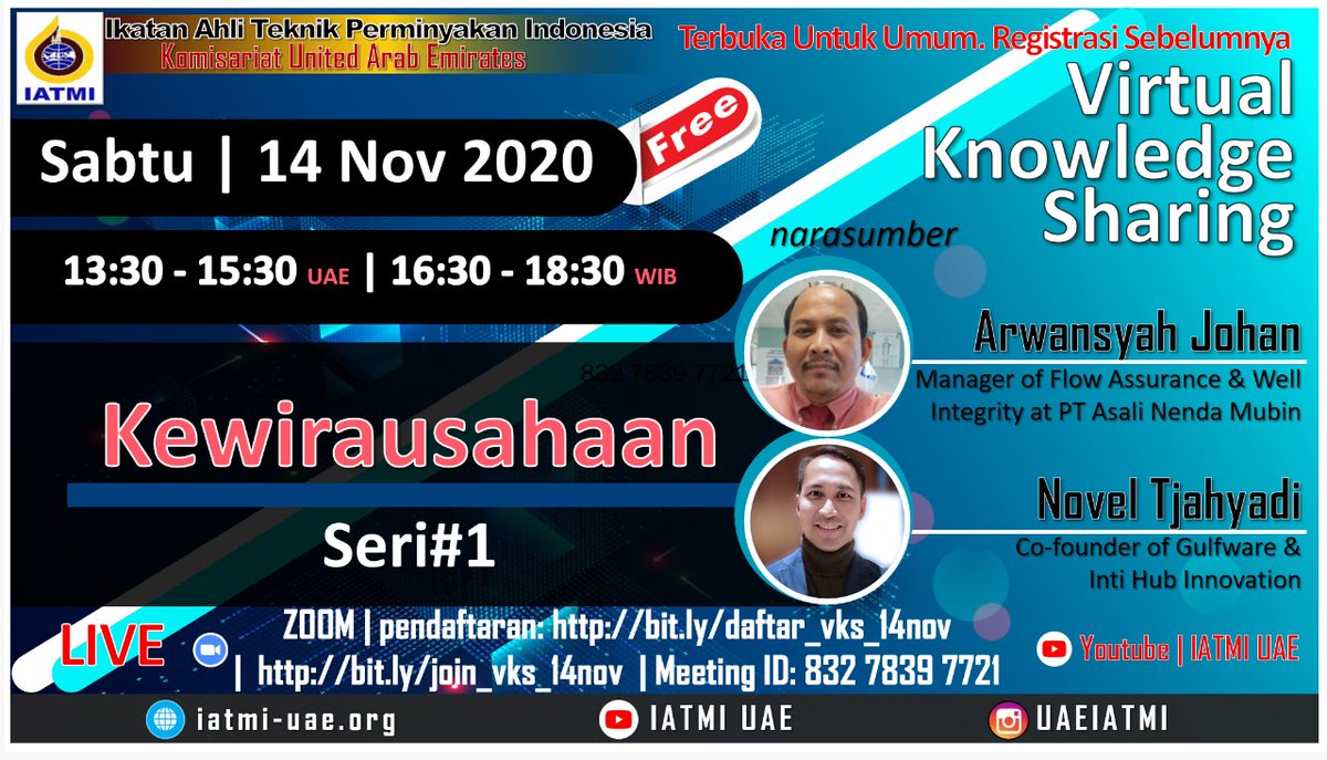 Mari ngobrol2 soal wirausaha... Pendaftaran: bit.ly/daftar_vks_14n…
Zoom meeting: bit.ly/join_vks_14nov
Room ID: 832 7839 7721 #entrepreneurship #wirausaha #innovation #IATMIUAE