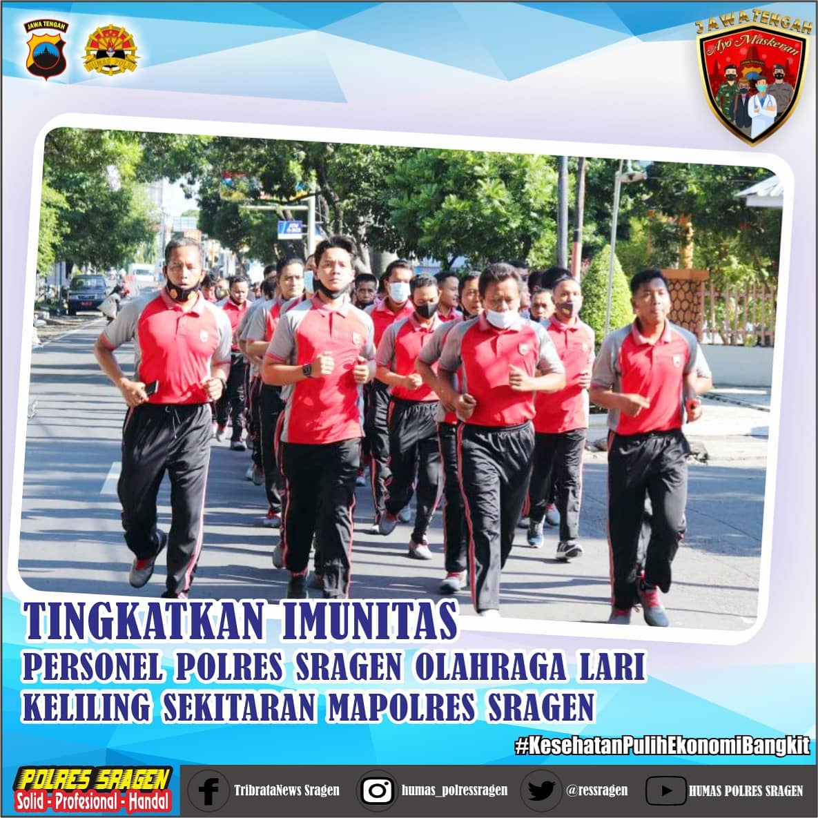 sumberlawang86's tweet photo. Di tengah Pandemi Covid-19 ini pentingnya untuk meningkatkan daya tahan tubuh atau sistem imun Salah satu cara untuk mencegah terinfeksi virus corona atau covid-19, Personel Polres Sragen secara rutin olahraga lari keliling sekitaran Mapolres Sragen, Jumat (13/11). https://t.co/h3tqG04yyL